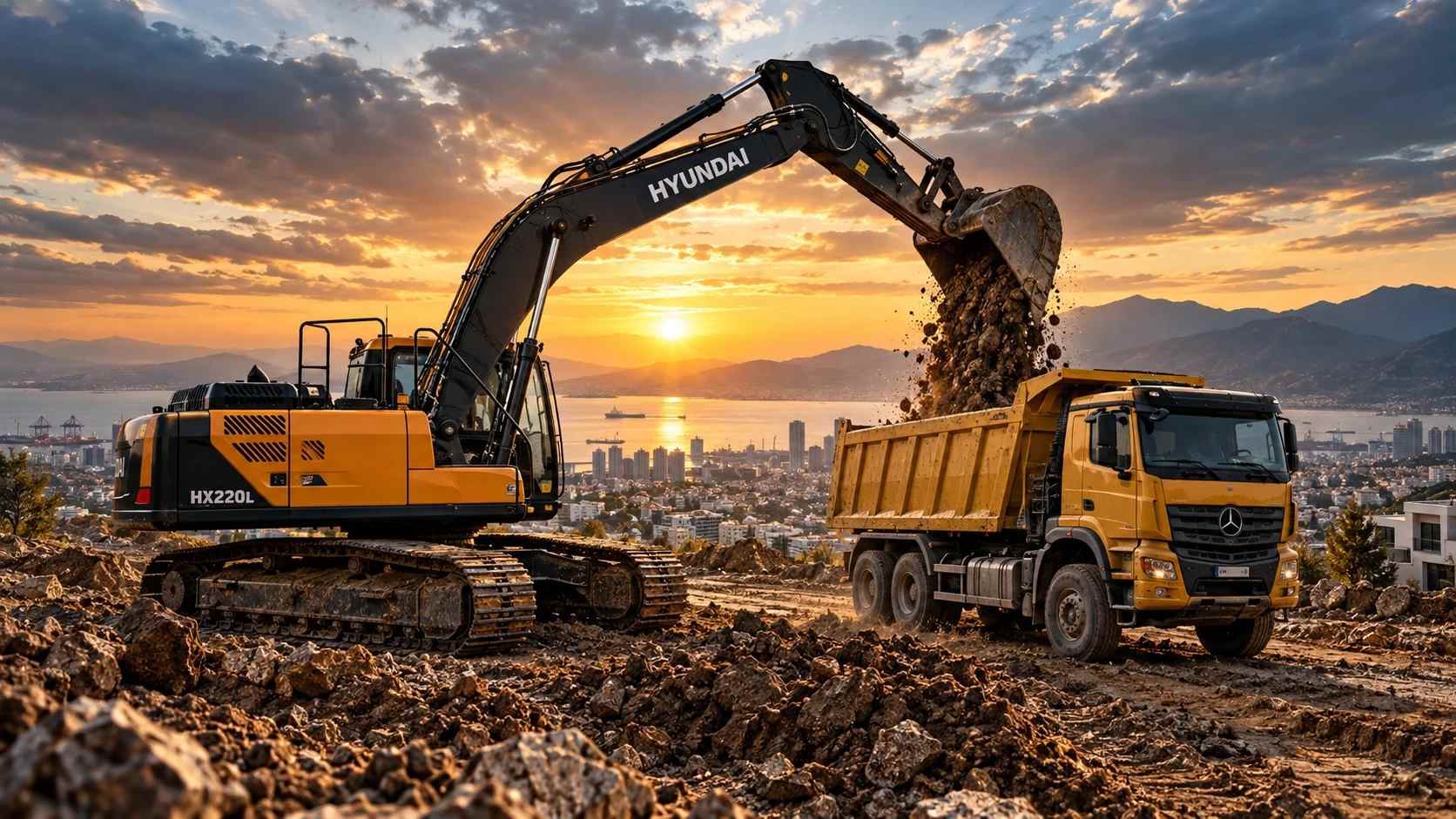 Ekskavatör kovasından damperli kamyonun kasasına boşaltılan hafriyat malzemesi