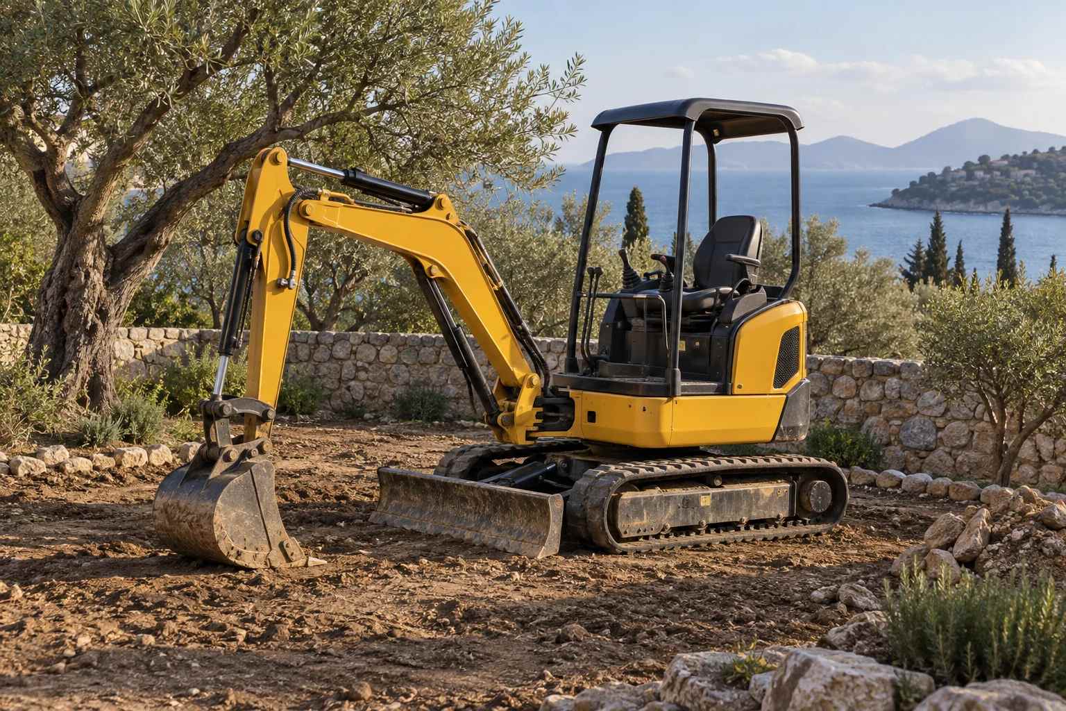 Bahçe sahasında paletli mini kepçe